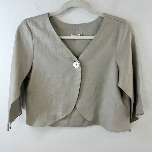 Chalet Jacket Womens Linen Bolero‎ Short Taupe 100% Linen Button 3/4 Sleeve USA - Picture 1 of 9